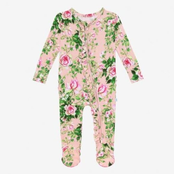 Posh Peanut Bamboo Floral Zip-Front Baby Footie Pajamas With Ruffles 12-18M